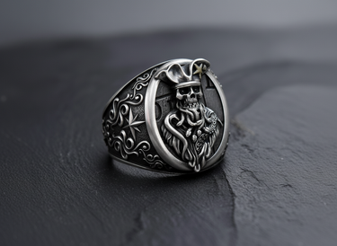 Sterling silver pirate skull ring featuring an undead captain with a tentacle beard, shown on a dark slate surface.