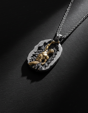 Detailed view of two tone sculptor pendant with rough stone texture on dark background