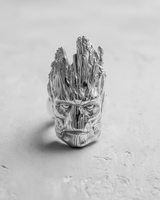 Front view of handcrafted 925 sterling silver Groot ring showing detailed bark texture and expressive face