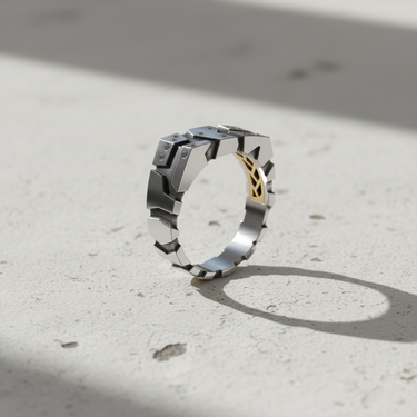 Close up of segmented armor style silver ring for men with brushed metal texture and sparkling accents