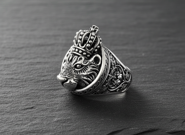 Front view of handcrafted Silver Lion Crown Ring displaying fierce expression and intricate details on black background