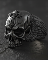 Angled view of the men's black rhodium silver skull ring, highlighting the detailed angel wing on the side.