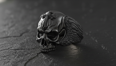 Angled view of the men's black rhodium silver skull ring, highlighting the detailed angel wing on the side.