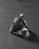 Oxidized 925 sterling silver turtle ring rear view showing intricate shell texture and craftsmanship