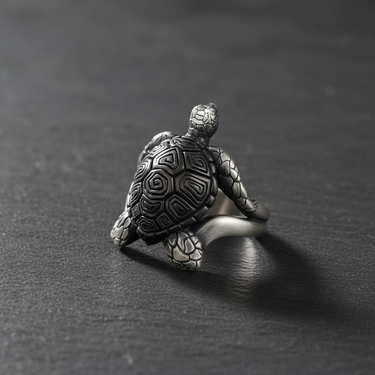 Oxidized 925 sterling silver turtle ring rear view showing intricate shell texture and craftsmanship