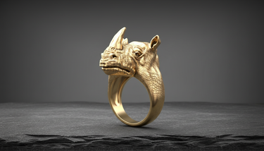 Gold vermeil silver rhinoceros ring featuring realistic skin texture and horn detail on dark stone background