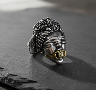 Silver Justice Ring with a brass dollar sign gag, shown at an angle on a dark slate surface to highlight the detail.