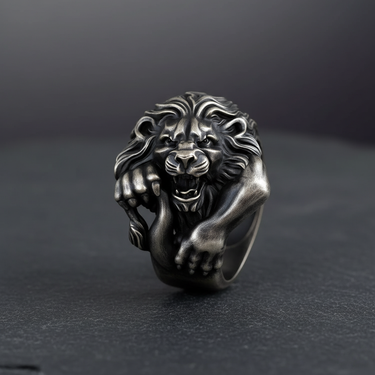 Front view of silver lion ring with fierce expression and oxidized finish highlighting the detailed craftsmanship