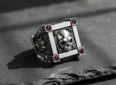 Side profile of handcrafted 925 sterling silver ring showing intricate heraldic floral engravings