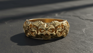 Studio shot of intricate skull ring design showcasing high-relief carving and premium metal craftsmanship