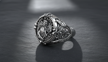 925 sterling silver Saint Raphael ring featuring Archangel with wings and Caduceus staff symbol