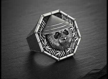 Front view of 925 sterling silver panda ring wearing conical hat with oxidized details