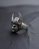 Handcrafted 925 sterling silver Hermes ring featuring a detailed face with winged helmet and caduceus symbol on dark stone