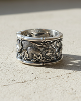 925 sterling silver tiger ring featuring stalking big cat in bamboo forest design