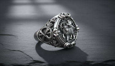 Angled perspective of the Christian signet ring, focusing on the oxidized finish and raised relief of the lamb design.