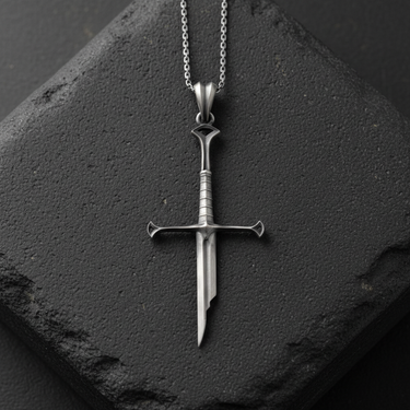 925 sterling silver elven sword pendant with broken blade design on dark textured stone