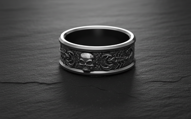 Front view of the Silver Scorpion Skull Ring, showing the central skull and flanking scorpions on a dark slate surface.