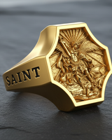 Gold vermeil Saint Michael ring displaying archangel defeating satan bas-relief on octagonal signet face