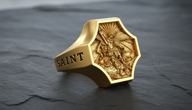 Gold vermeil Saint Michael ring displaying archangel defeating satan bas-relief on octagonal signet face