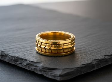 14K gold vermeil dragon scale spinner ring on 925 sterling silver base displayed on slate