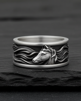Side view of 925 sterling silver horse ring showing oxidized finish and flowing mane design details