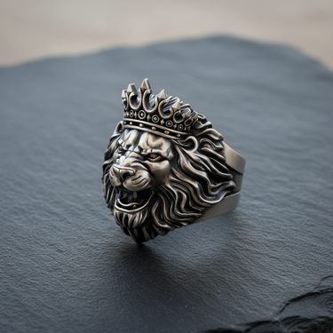 Front view of handcrafted 925 sterling silver crowned lion ring with detailed mane on dark stone background