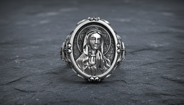 Front view of a men's sterling silver Virgin Mary ring, displaying the serene praying portrait on a dark slate background.