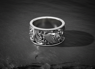 Detailed close-up of wealth fish ring featuring chain and money symbol on oxidized silver band
