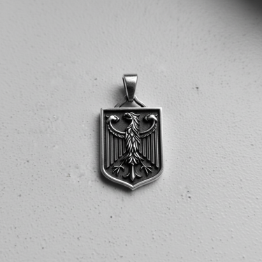 Front facing view of handcrafted silver German coat of arms pendant with oxidized details and vertical lines