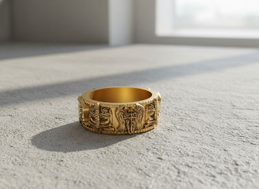 Gold vermeil guardian knight ring featuring winged angel and sword relief on textured surface