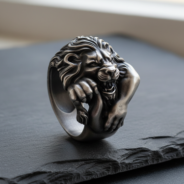 Side angle of sterling silver lion ring showing heavy band construction and realistic fur texture design