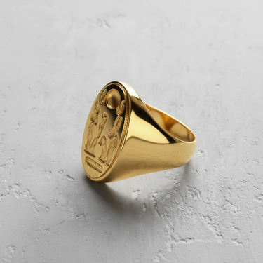 Gold vermeil Silver Akhenaten Ring featuring ancient Egyptian sun worship design on textured grey background