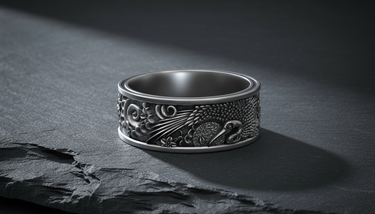 Detailed close-up of handcrafted silver ring showing crane, waves, and floral motifs in oxidized finish