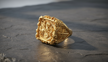Gold vermeil St George ring featuring detailed knight slaying dragon relief on dark textured slate background
