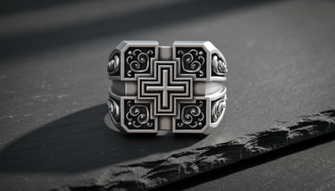 Front view of silver square cross ring featuring raised cross and black oxidized filigree background on stone surface