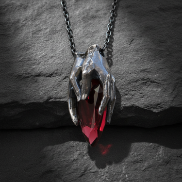 Front view of handcrafted silver hands garnet pendant showing faceted red stone and intricate metalwork
