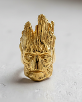Front view of 14K gold vermeil Groot ring with intricate bark texture and expressive face detail