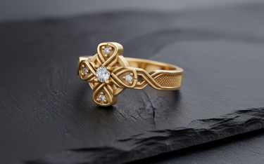 14K gold vermeil Celtic cross ring with central stone and intricate knotwork on black stone background