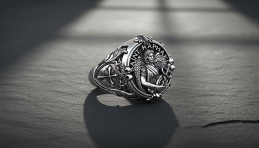 Side view of handcrafted religious ring showing cross shield emblem and intricate floral engraving