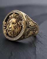 Angled perspective of royal lion ring highlighting the high relief 3D lion face and luxury detailed shank