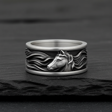 Detailed 925 sterling silver horse ring with flowing mane design on dark slate background