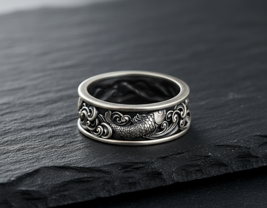 Oxidized 925 sterling silver koi wave ring with detailed fish scales on textured black slate