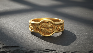 Close-up of gold vermeil koi fish ring featuring yin yang carp design on dark textured background