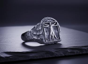 Side profile of textured 925 sterling silver signet ring with rugged rock finish and art motif