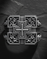 Top down view of 925 sterling silver signet ring with geometric cross pattern and ornate scrollwork details