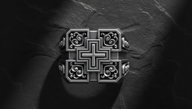 Top down view of 925 sterling silver signet ring with geometric cross pattern and ornate scrollwork details