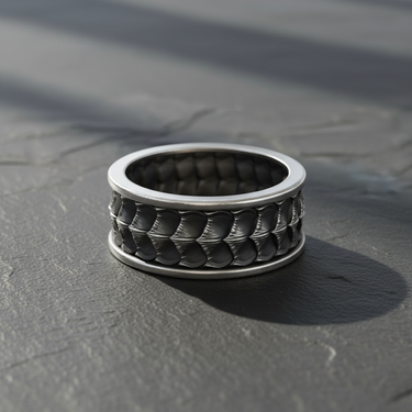 925 sterling silver dragon scale ring featuring detailed textured armor design on dark stone background