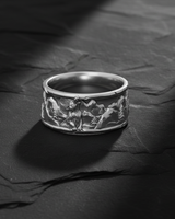 925 sterling silver howling wolf ring featuring detailed mountain landscape and moon design on dark background