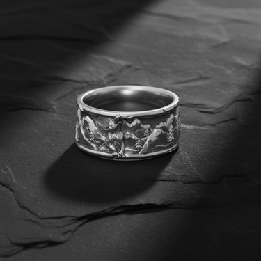 925 sterling silver howling wolf ring featuring detailed mountain landscape and moon design on dark background