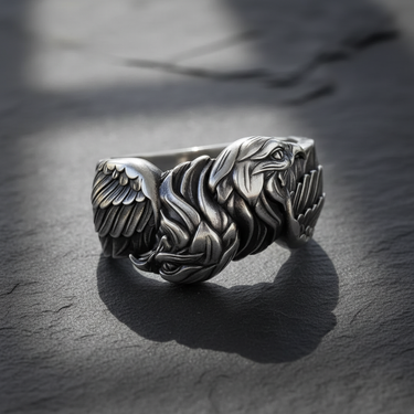 Front view of handcrafted 925 sterling silver double headed eagle ring with detailed feathers on dark stone background